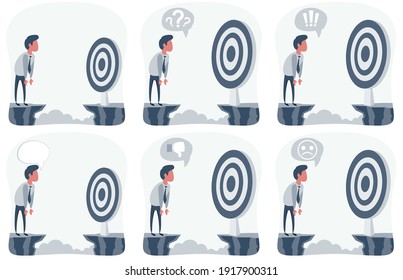 Empresario frente a una brecha y buscando el objetivo. Concepto de logro de los objetivos. Ilustración vectorial. Diseño plano.
