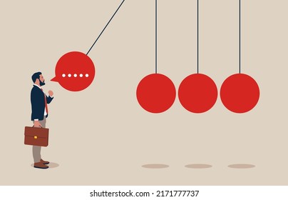 Businessman in front of newton's cradle with a chat bubble, effect of speech or communication, Gossip and fake news.