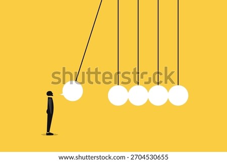 Businessman in front of newton's cradle with a chat bubble, concept of of speech or communication, Gossip and fake news