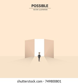 Businessman in front of the opened door showed that nothing impossible. Business concept of possibility, challenge and success. Vector illustration.