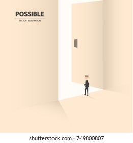 Businessman in front of the opened door showed that nothing impossible. Business concept of possibility, challenge and success. Vector illustration.