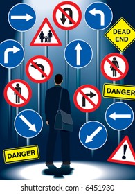 A businessman in front of road signs