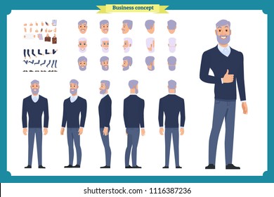 Businessman. Front, side, back view animated character. Elderly Manager man character constructor with various views, hairstyles, face emotions. Cartoon style, flat vector isolated.grandfather