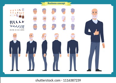 Businessman. Front, side, back view animated character. Elderly Manager man character constructor with various views, hairstyles, face emotions. Cartoon style, flat vector isolated.grandfather