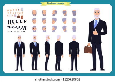 Businessman. Front, side, back view animated character. Elderly Manager man character constructor with various views, hairstyles, face emotions. Cartoon style, flat vector isolated.grandfather