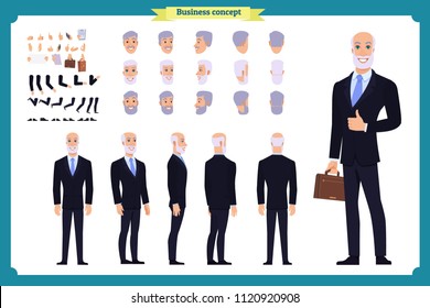 Businessman. Front, side, back view animated character. Elderly Manager man character constructor with various views, hairstyles, face emotions. Cartoon style, flat vector isolated.grandfather