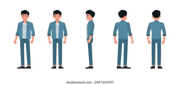 El hombre de negocios vista frontal, lateral y trasera usa pantalones vaqueros azules conjunto de diseño de Ilustración vectorial de personajes.