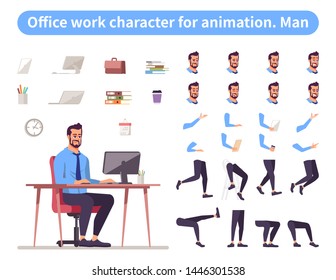 Businessman front view animated flat vector character design. Office worker character animation creation cartoon set. Top manager, ceo constructor with various face emotion, hand gestures, legs kit