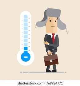 Businessman froze and thermometer showing cold. Vector flat illustration