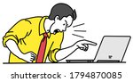 Businessman frustrated and angry, holding fist, pointing at laptop screen, with yelling and shouting. Business concept in trouble with online network. Vector character, outline, linear, thin line art.