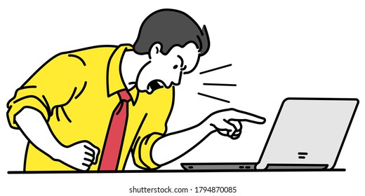 Businessman frustrated and angry, holding fist, pointing at laptop screen, with yelling and shouting. Business concept in trouble with online network. Vector character, outline, linear, thin line art.