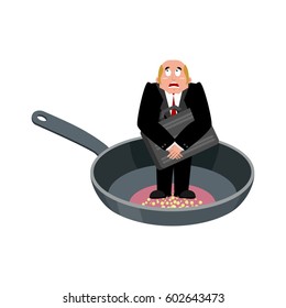Businessman in frying pan. sinner in cauldron. boss is frying on hellfire
