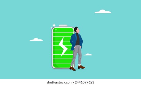 businessman with full battery concept illustration, Productive and Efficiency businessman Employee, full of energy or enthusiasm for work, motivation to success at work