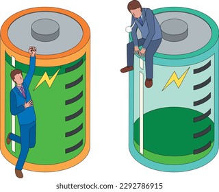 A businessman with full energy and a businessman who is about to run out