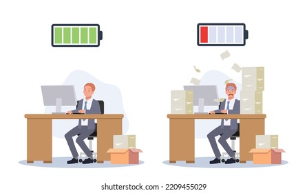 Businessman With Full And Low Battery Working On Computer. Overload Businessman. Burnout. Vector Illustration