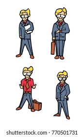 Businessman funny cartoon icons set. Naive style illustration.
