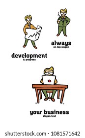 Businessman funny cartoon logo set. Naive style illustration.