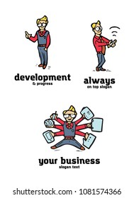 Businessman funny cartoon logo set. Naive style illustration.