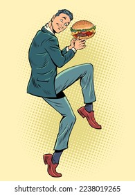 Businessman in a funny pose. whopper burger in hands, street food. pop art retro vector illustration kitsch vintage 50s 60s style