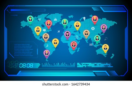 businessman future technology, blue hud world cyber security concept background, 