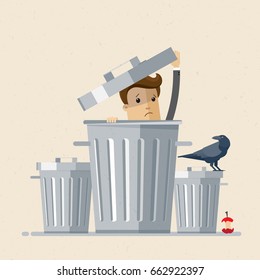 Businessman in garbage bin. And crow sits next to him on the rubbish dump. Manager has been sent to  rubbish. Vector, illustration, flat