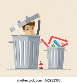 Businessman in garbage bin. Manager have been sent to  rubbish. Vector, illustration, flat