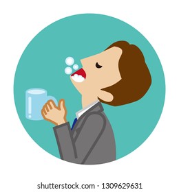 Businessman gargling with water for prevent cold - Circular icon