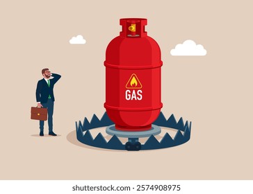 Businessman and gas cylinder above metal steel bear trap. Growth rise of gas stock prices and growth of extraction concept. Flat vector illustration