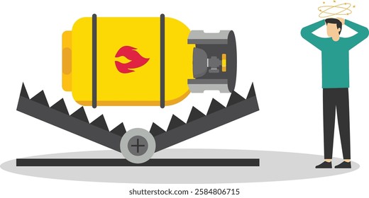 Businessman and gas cylinder above metal steel bear trap. Growth rise of gas stock prices and growth of extraction concept. Flat vector illustration

