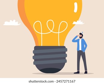 A businessman gazes at a giant light bulb with a question mark, symbolizing ambitious aspirations and the pursuit of success in business endeavors