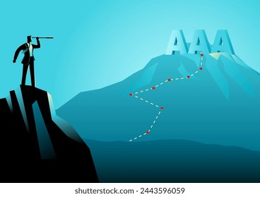 Businessman gazes through a telescope, his vision set on the AAA symbol on a mountain peak. This symbolizes the pursuit of unparalleled excellence and success in the financial landscape
