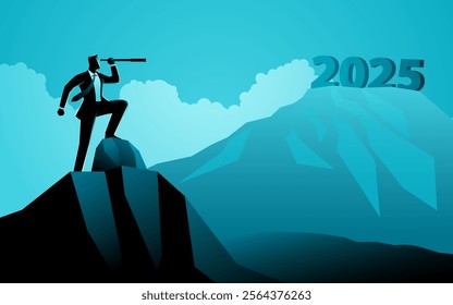 Businessman gazing at the text 2025 on a distant mountain peak through a telescope. Symbolizing future planning, ambition, business strategy, forecasting, success, and goal setting