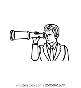 
Businessman gazing through a telescope line art flat vector illustration.