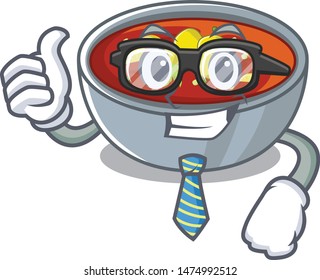 Businessman gazpacho is served to cartoon plate