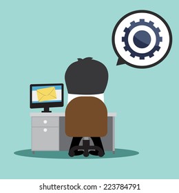 Businessman and gear in bubble talk message