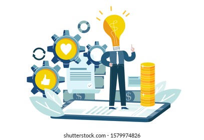 Businessman generates idea to optimize his deal. Blue and yellow colored picture. Promotion in internet. Conceptual vector illustration EPS 10 isolated on white