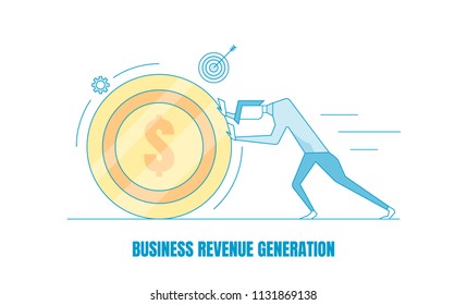 Businessman generating money from business, profit, revenue, conversion flat line vector isolated on white background