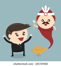 Businessman and genie giant in the magic lamp, flat design, vector