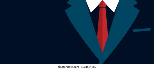 Businessman or gentleman, suit and tie. Red necktie. Vector costume banner. Cartoon dress code party. Fathers or father's day Happy men's day. Clothing, dinner, tuxedo man. Mans formal attire.