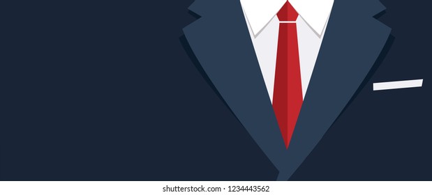 Businessman or gentleman, suit and tie. Red necktie. Vector costume banner. Cartoon dress code party. Fathers or father's day Happy men's day. Clothing, dinner, tuxedo man. Mans formal attire.