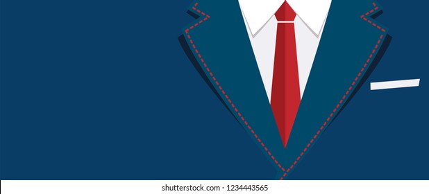 Businessman or gentleman, suit and tie. Red necktie. Vector costume banner. Cartoon dress code party. Fathers or father's day Happy men's day. Clothing, dinner, tuxedo man. Mans formal attire.