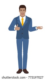 Businessman gesticulating and showing thumb up. Full length portrait of Black Business Man in a flat style. Vector illustration.