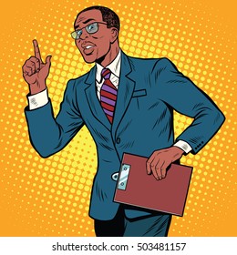 Businessman Gesture Of The Teacher, Pop Art Retro Illustration. African American People