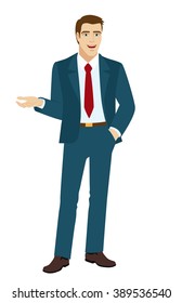 Businessman gesturing. Businessman holding one hand in his pocket. Vector illustration.