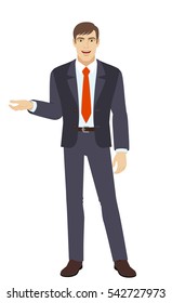 Businessman gesturing. Businessman shows something beside of him. Full length portrait of businessman in a flat style. Vector illustration.