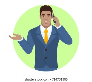 Businessman gesturing and talking on the mobile phone. Portrait of Black Business Man in a flat style. Vector illustration.
