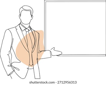 Businessman gesturing towards a blank presentation board with abstract shape empty