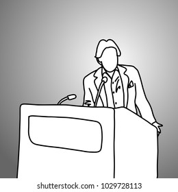 businessman gesturing while standing at podium vector illustration doodle sketch hand drawn with black lines isolated on gray background. Business concept. 