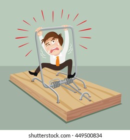 Businessman get caught in a trap try to freedom, vector illustration cartoon