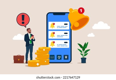 Businessman get chat messages notification in smartphone app. Ring bell as reminder pop up. Flat Vector illustration.
